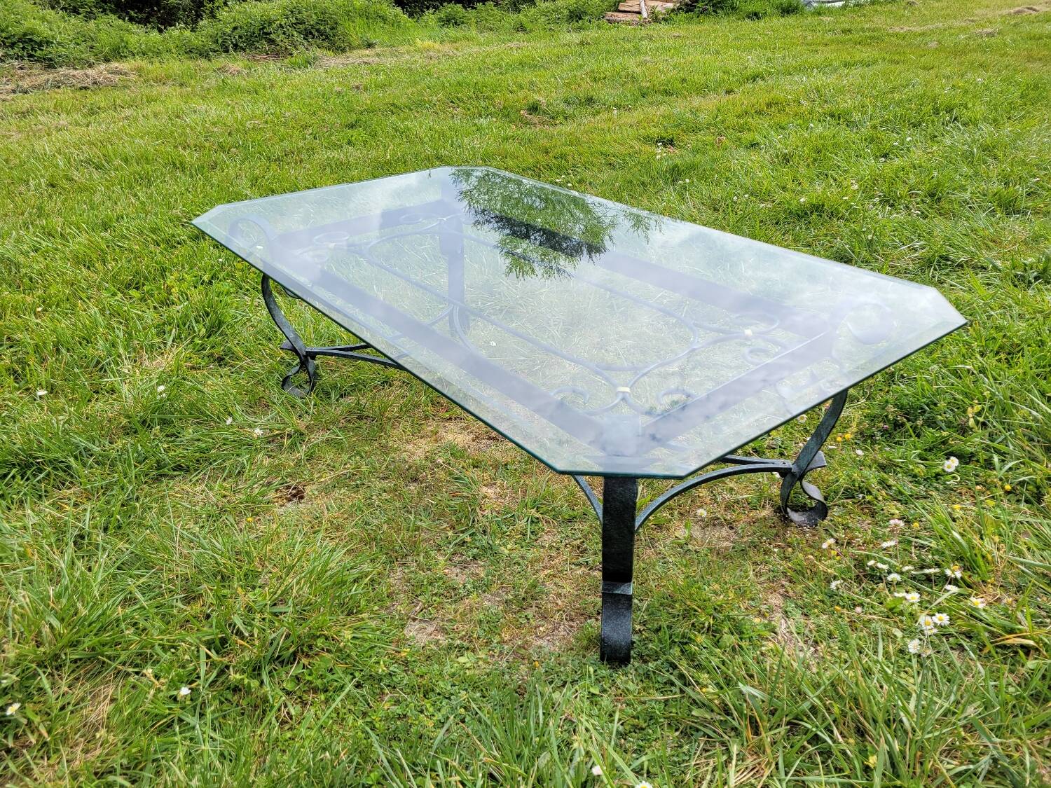 Italian glass and wrought iron coffee table