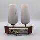 Duo of vintage wooden wall lights with white opaque glass lampshade.