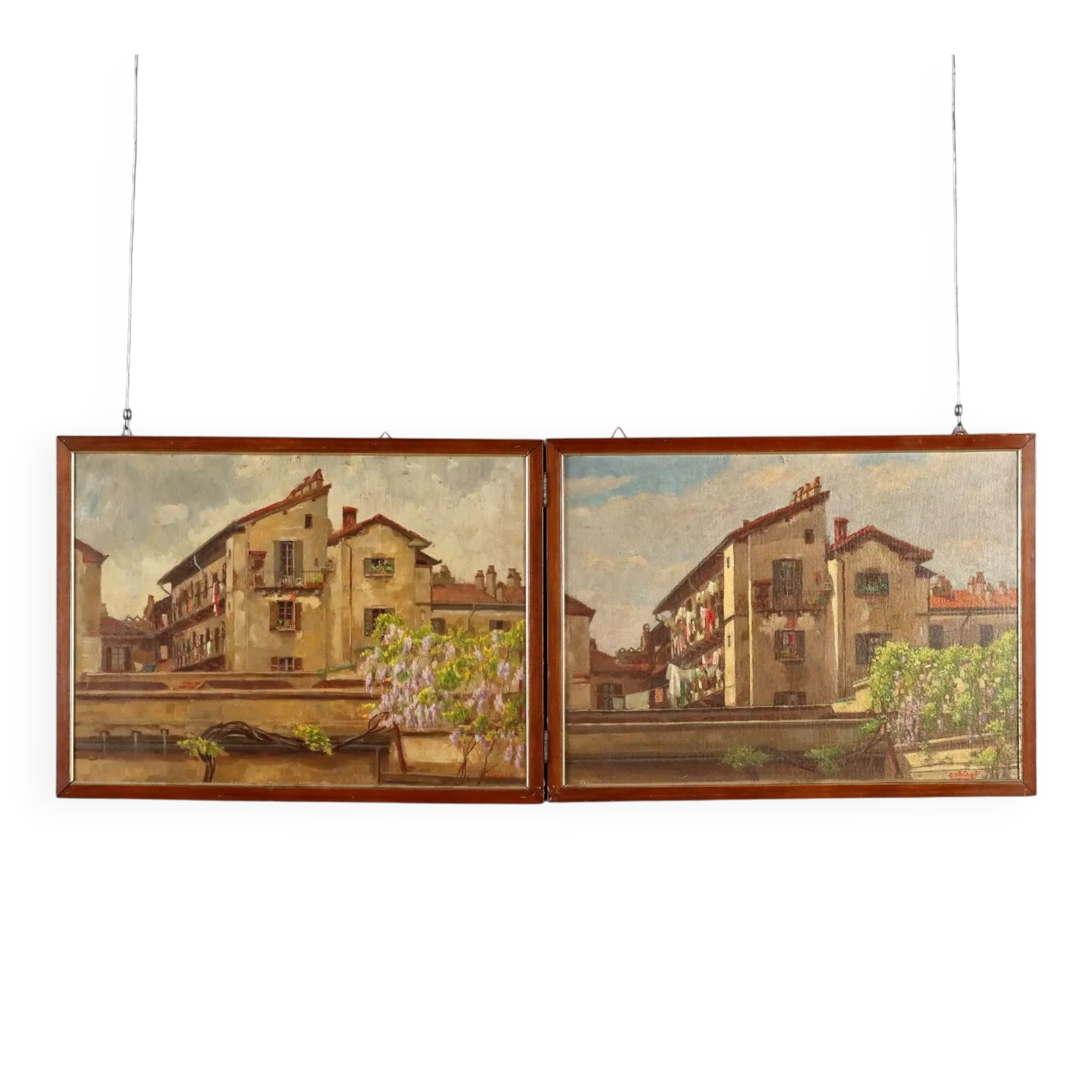 Old painting signed by Giuseppe Viviani, view of Milan, 20th century.