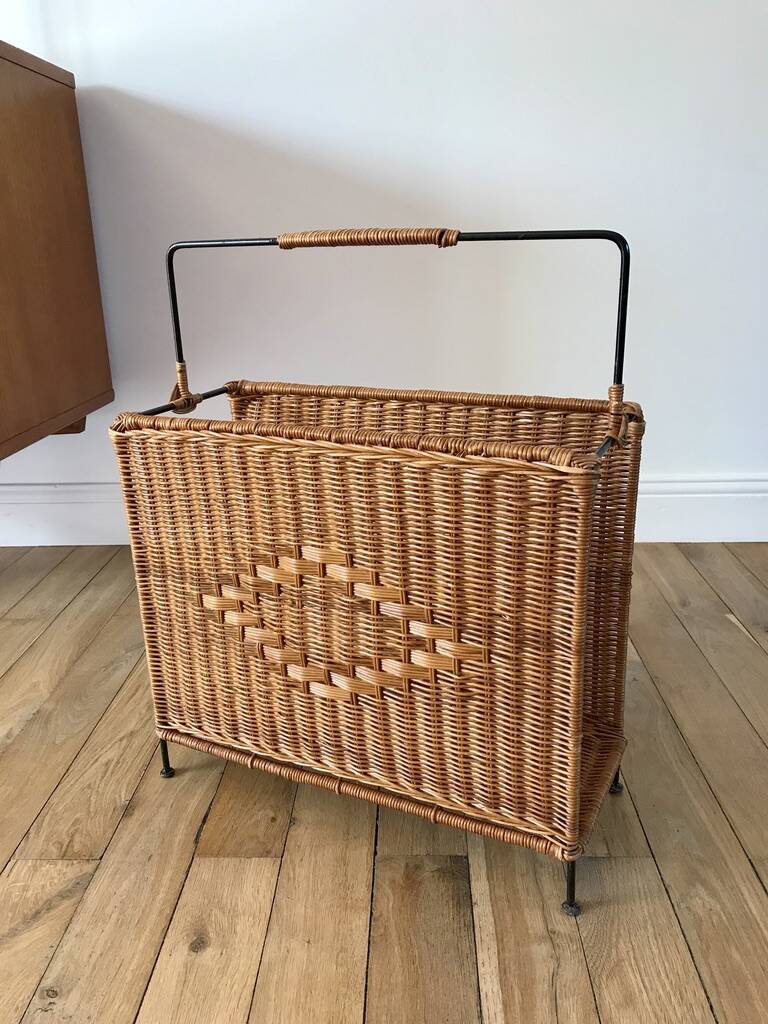 large wicker / rattan and black iron magazine rack from the 70s