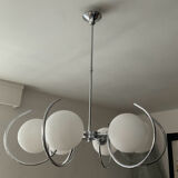 Art Deco chandelier with 6 lights in opaline glass and chrome metal.