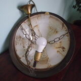 Suspension in gold metal with chains and opaque basin with brown cast designs -60s
