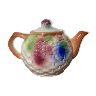 Teapot in slip grapes beige pink blue and green, vintage ceramics