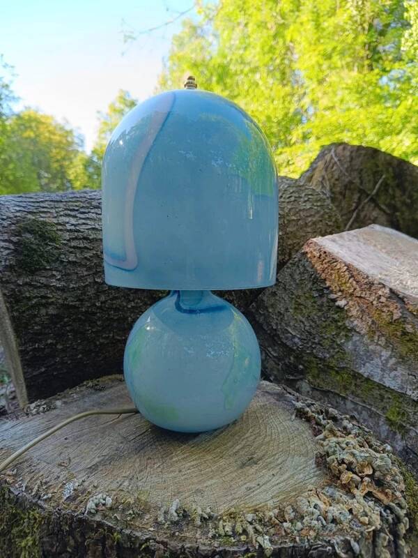 Lampe champignon en verre bleu, années 60