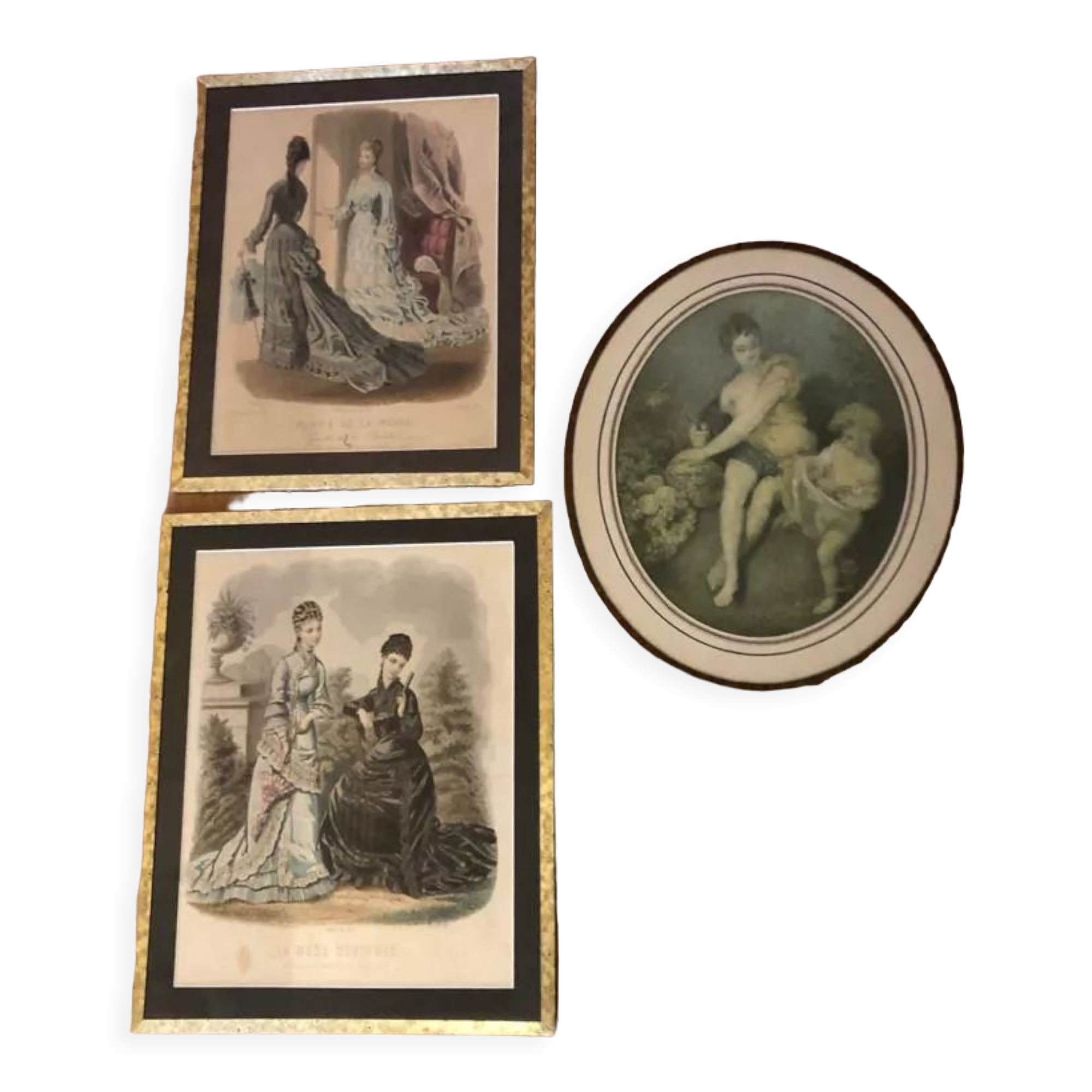 Set composed of two framed fashion engravings and a lithograph reproduction Automne by Watteau