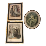 Set composed of two framed fashion engravings and a lithograph reproduction Automne by Watteau