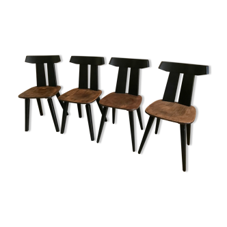 Set of 4 vintage brutalist chairs in beech 1960's