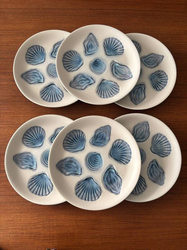 Lot d’assiettes à huîtres en céramique bleue – Assiettes coquillages r