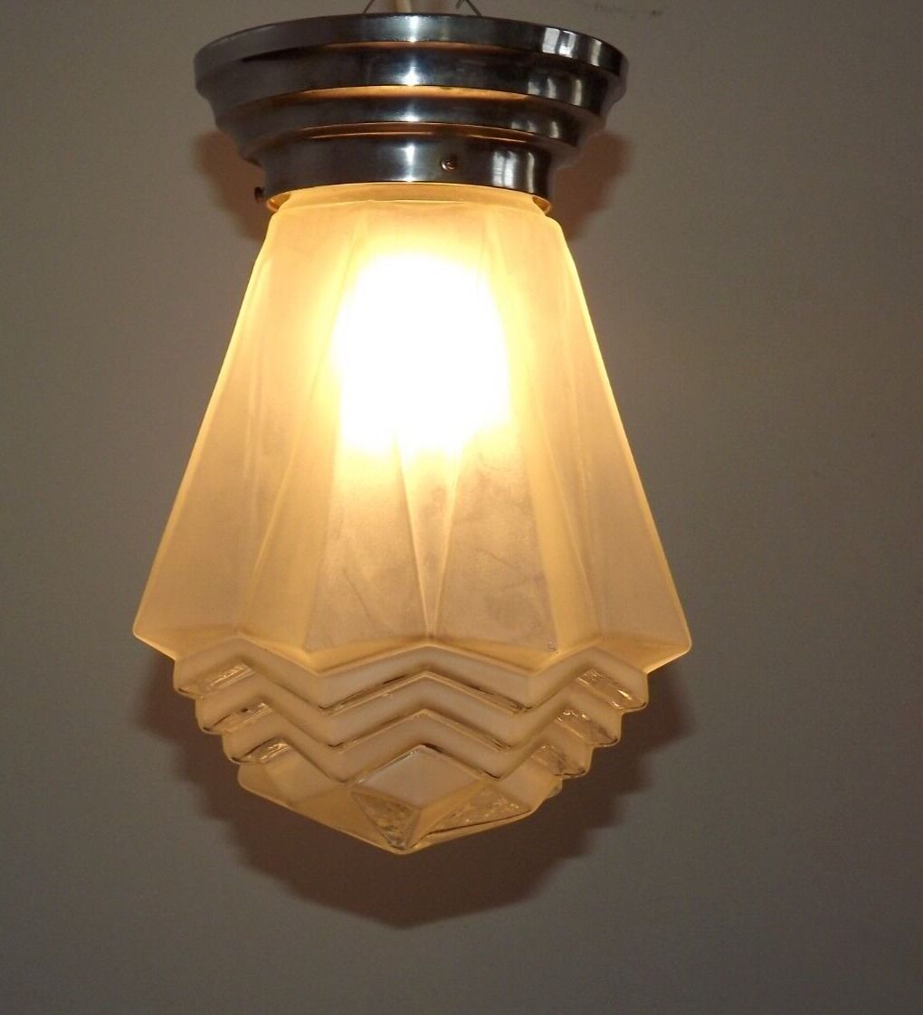 French 1920's-1940's art deco milk glass skyscraper tiered light fixture 3995