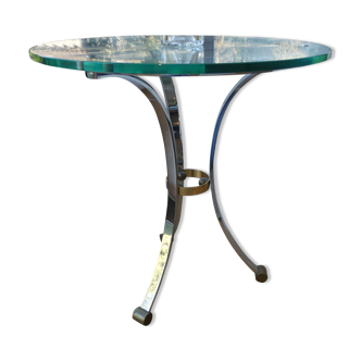 Table d'appoint ronde en laiton chromé poli et verre de style Hollywood Regency français des années