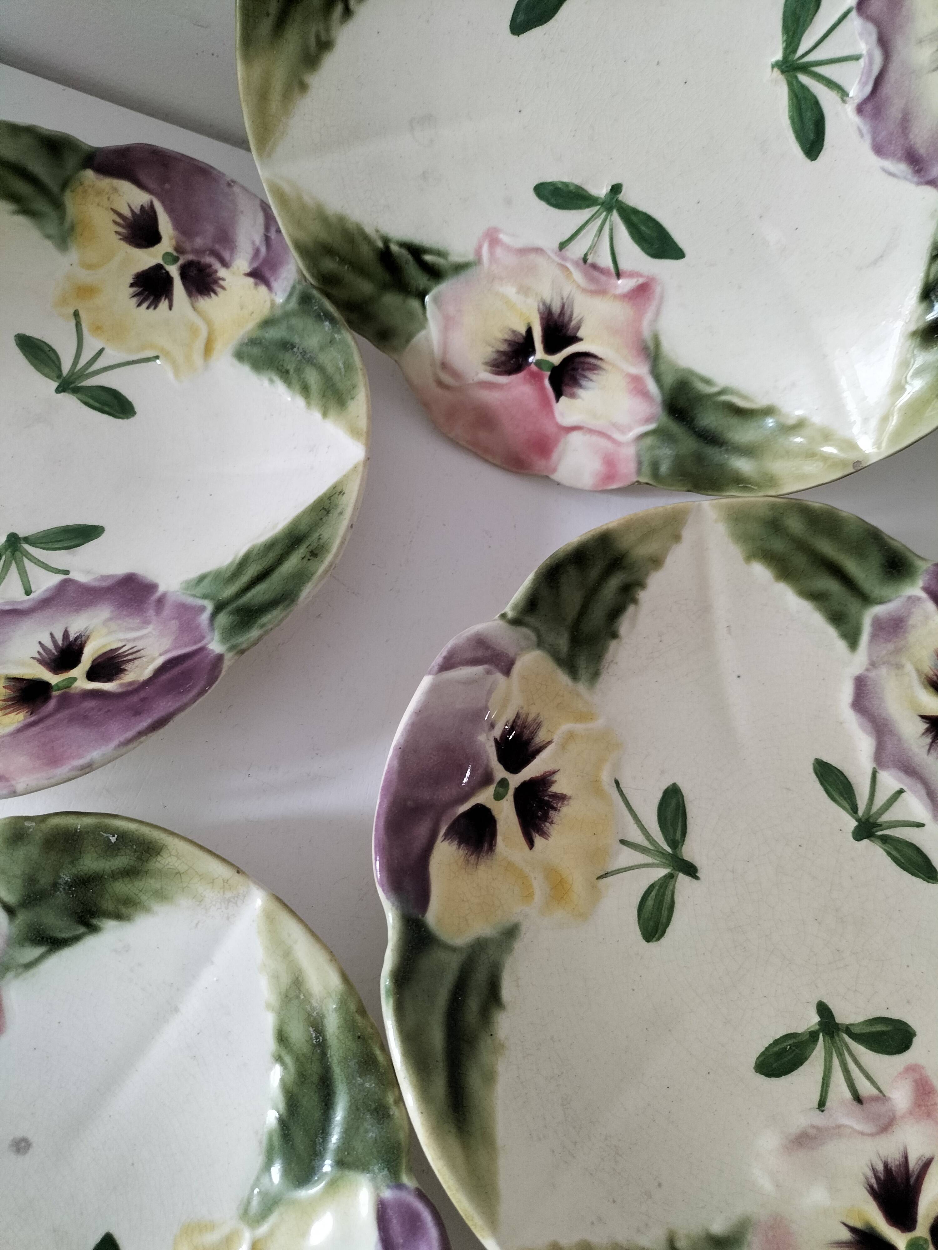 4 barbotine plates with pansies H. Boulenger Choisy-le-Roi