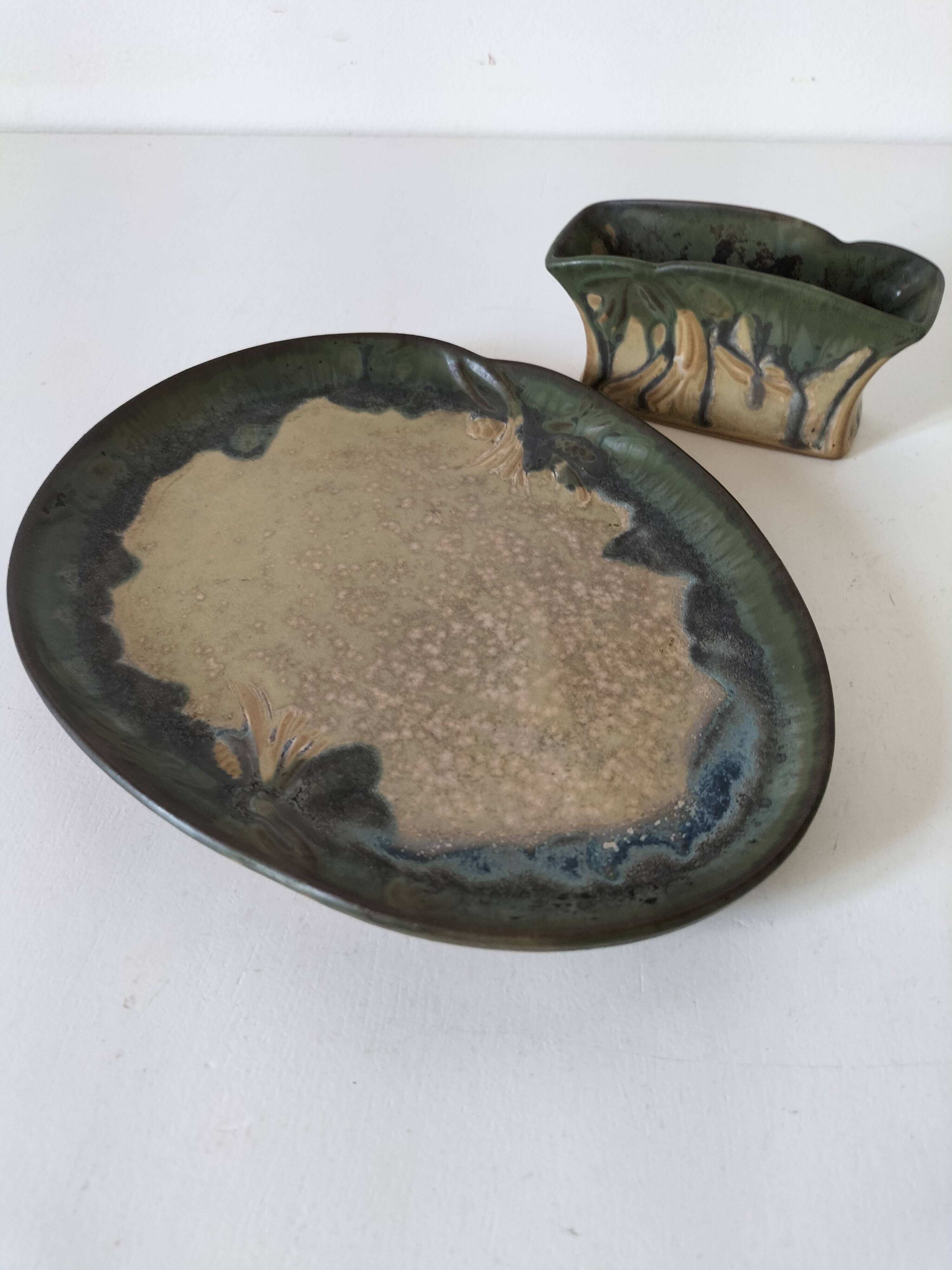 Pair of Denbac enamelled green and blue vide-poches.