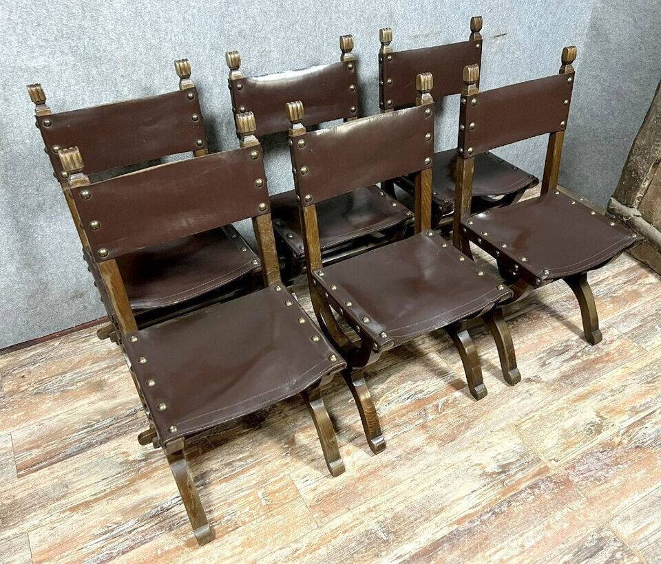 Set of 6 Renaissance style chairs in solid wood and leather, 19th century, circa 1850