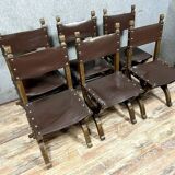 Set of 6 Renaissance style chairs in solid wood and leather, 19th century, circa 1850