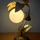 Vintage lamp with leaves in gilded brass and white opaline globe