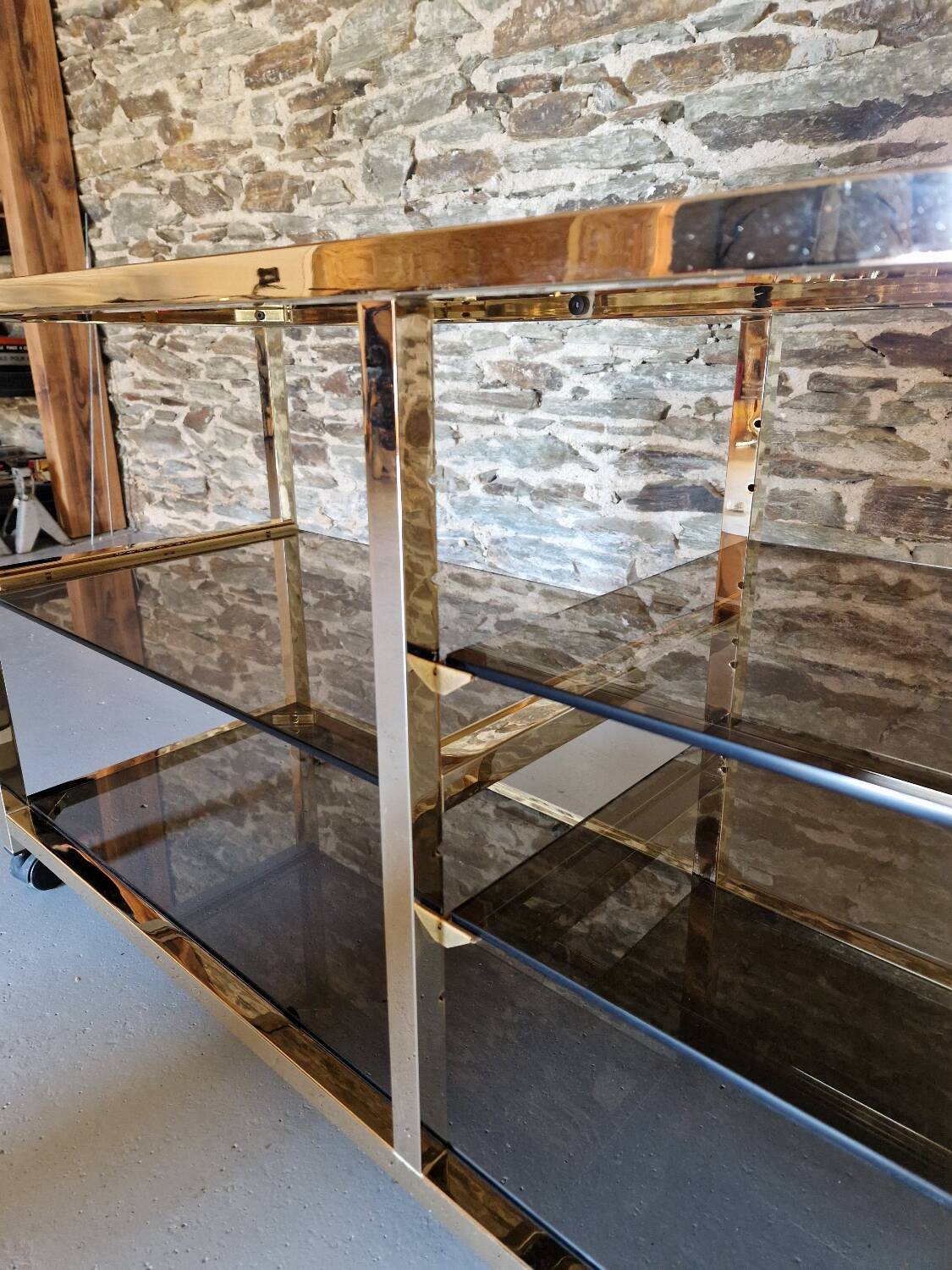 70s glass TV cabinet shelf console