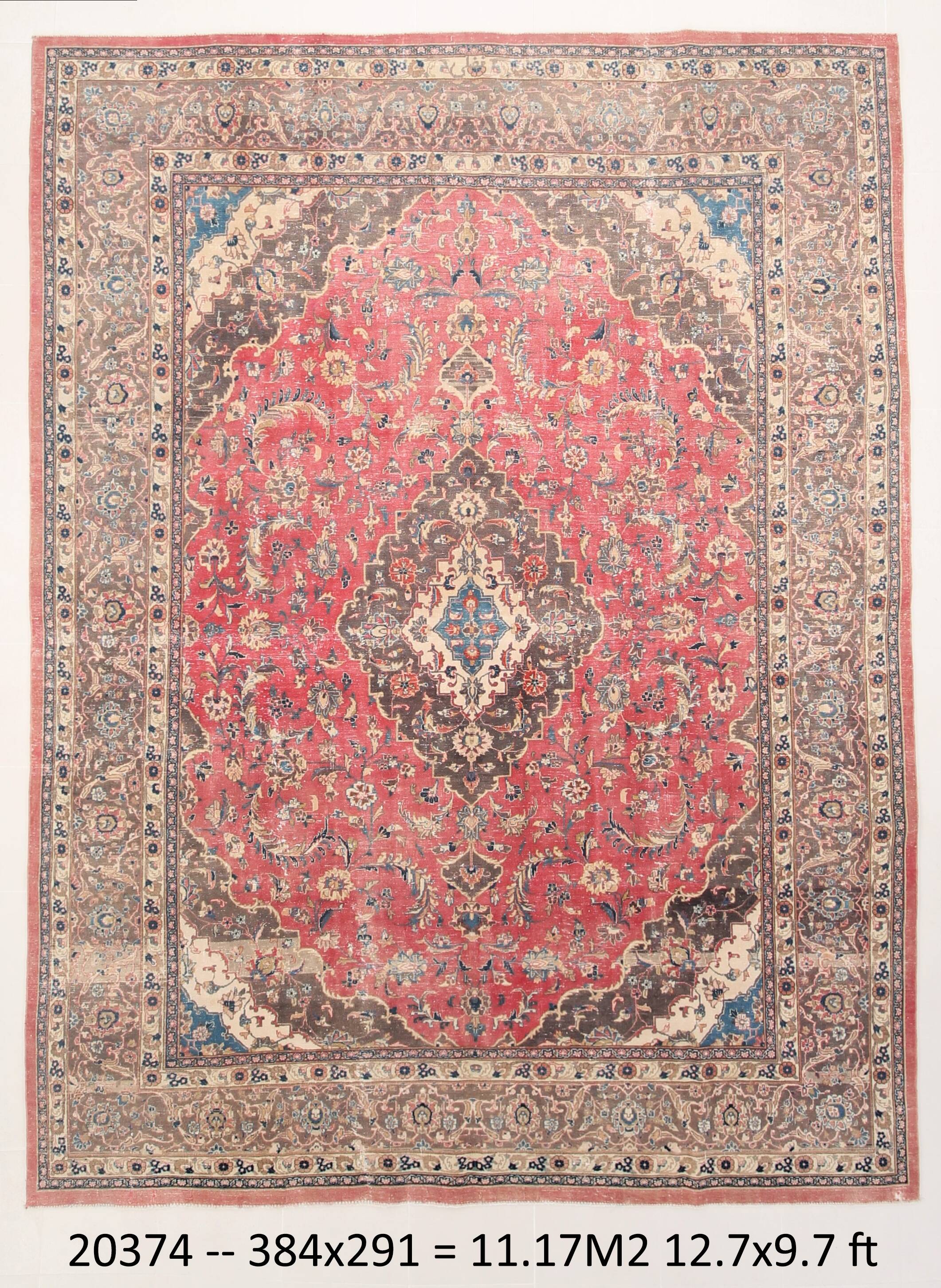 Tapis persan vintage en laine noué main, rouge, motifs floraux, 291x384 cm