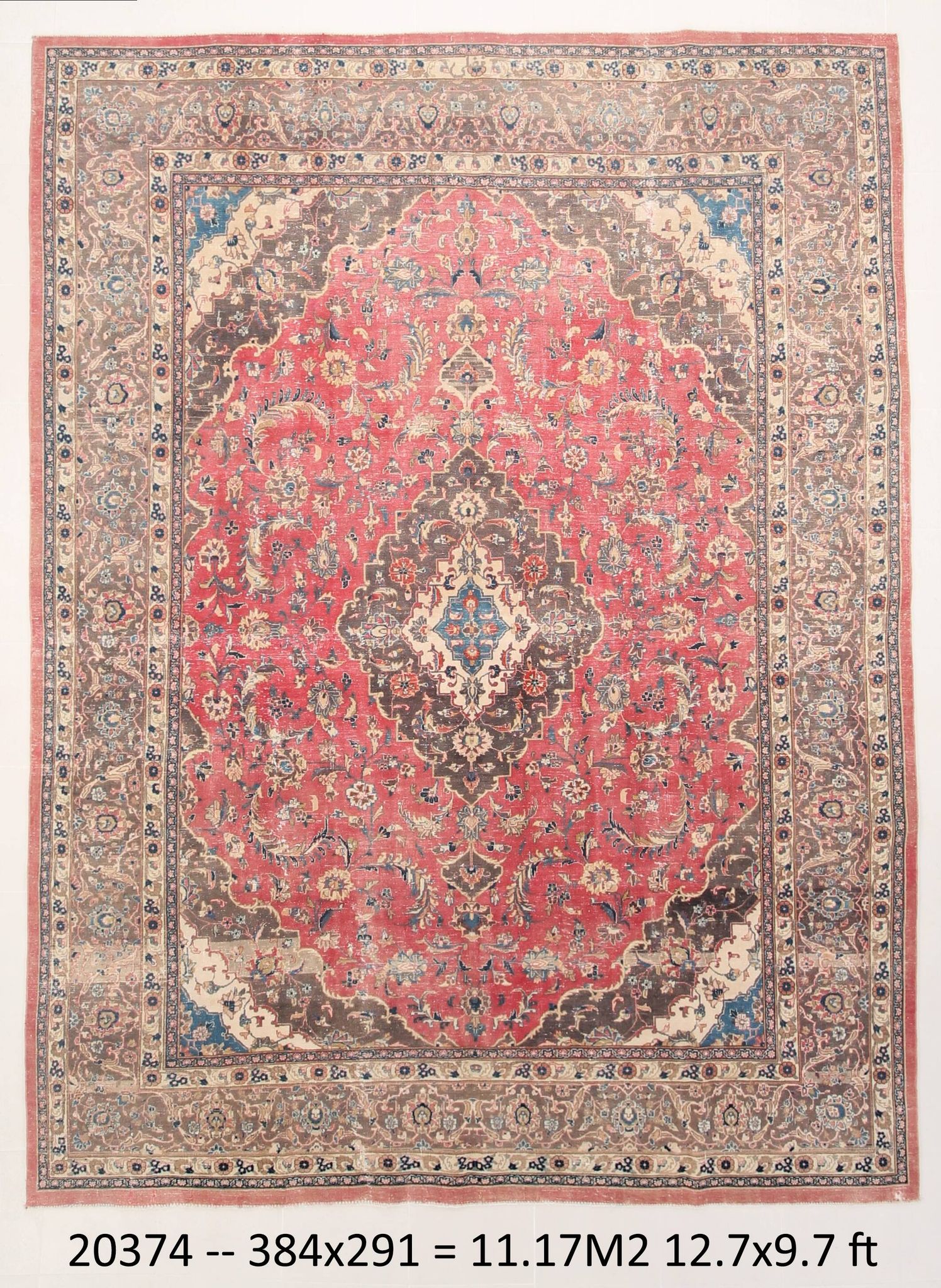 Tapis Persan Vintage Laine Noué Main, Rouge, Motifs Floraux, 291x384Cm