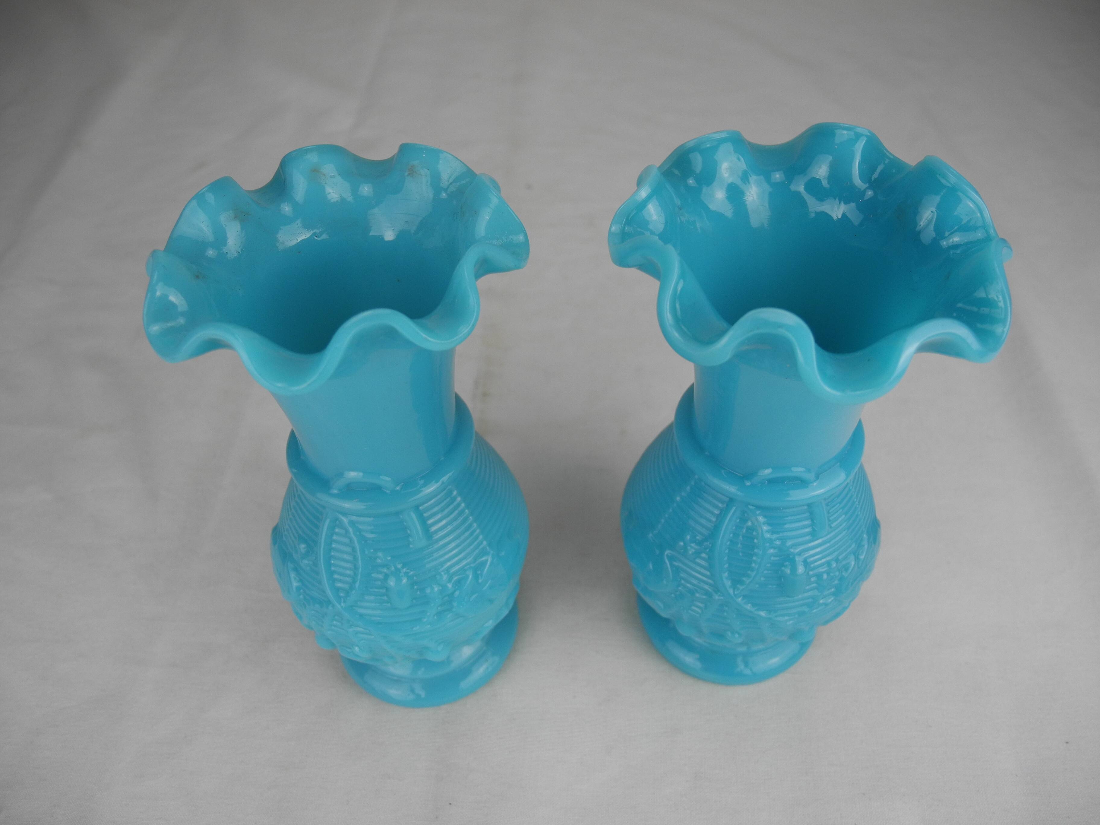 pair of small old blue opaline vases, shabby kitsch decor