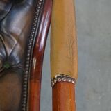 Set of 2 Green Leather English Chesterfield Armchairs Combined with wood