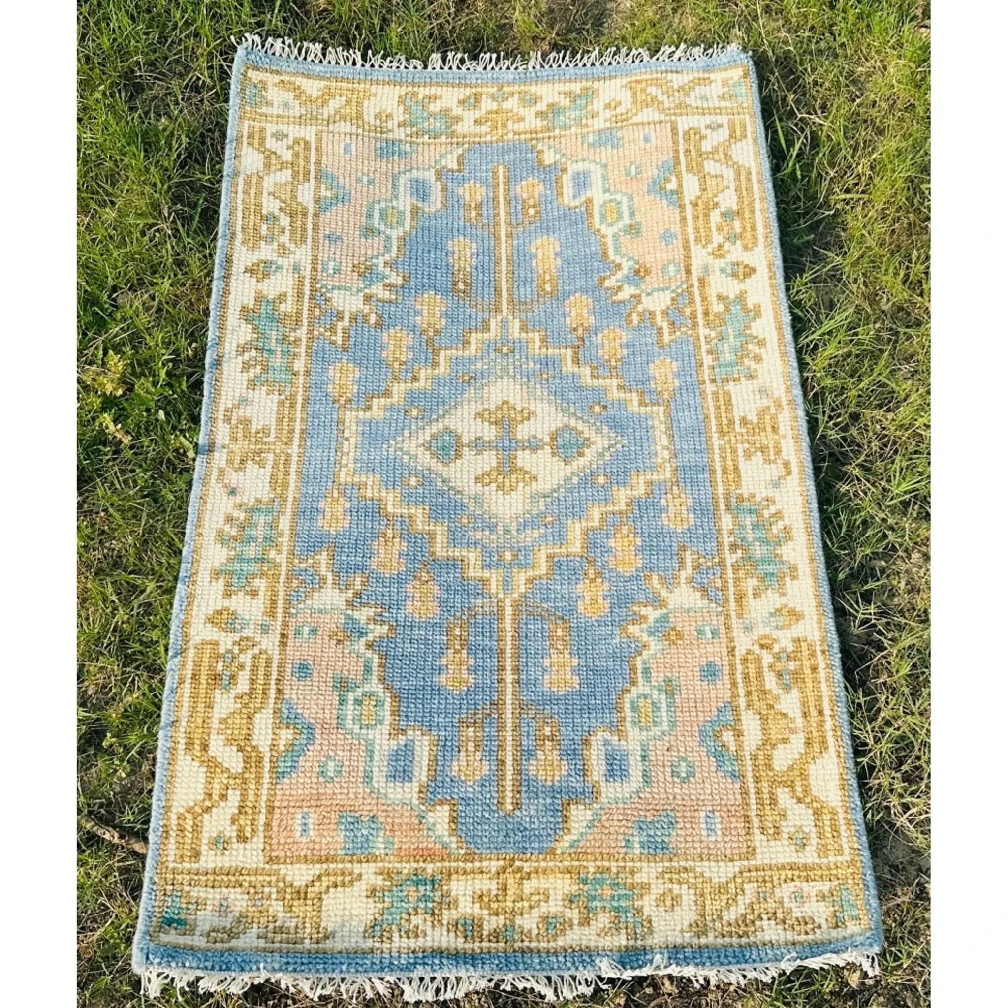 Hand-Knotted Oushak Wool Area Rug, Blue Medallion Design Accent Rug for Entryway