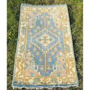 Hand-Knotted Oushak Wool Area Rug, Blue Medallion Design Accent Rug for Entryway