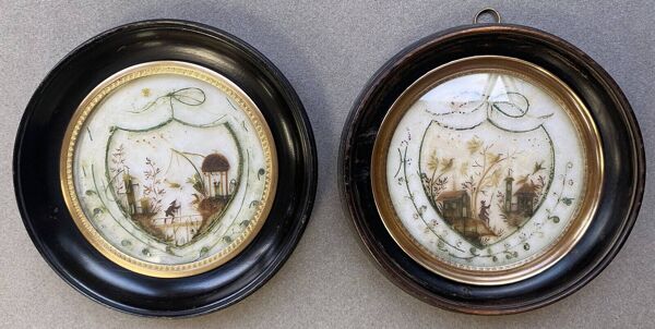 Pendant de miniatures tableaux XIX° Pêcheur et tombeau Nap. III