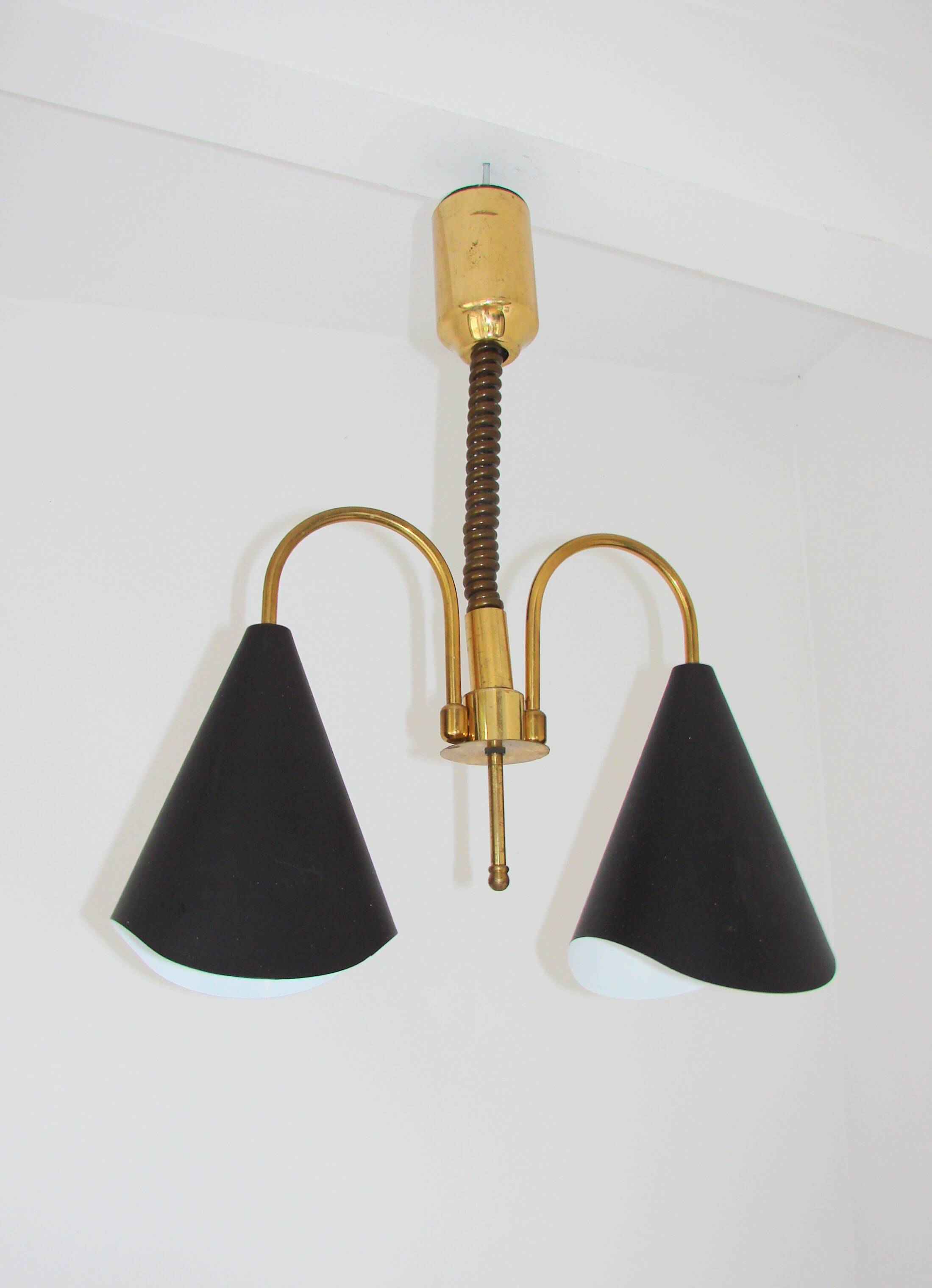 Mid-Century Modern pendant light, brass and metal, 1970s.