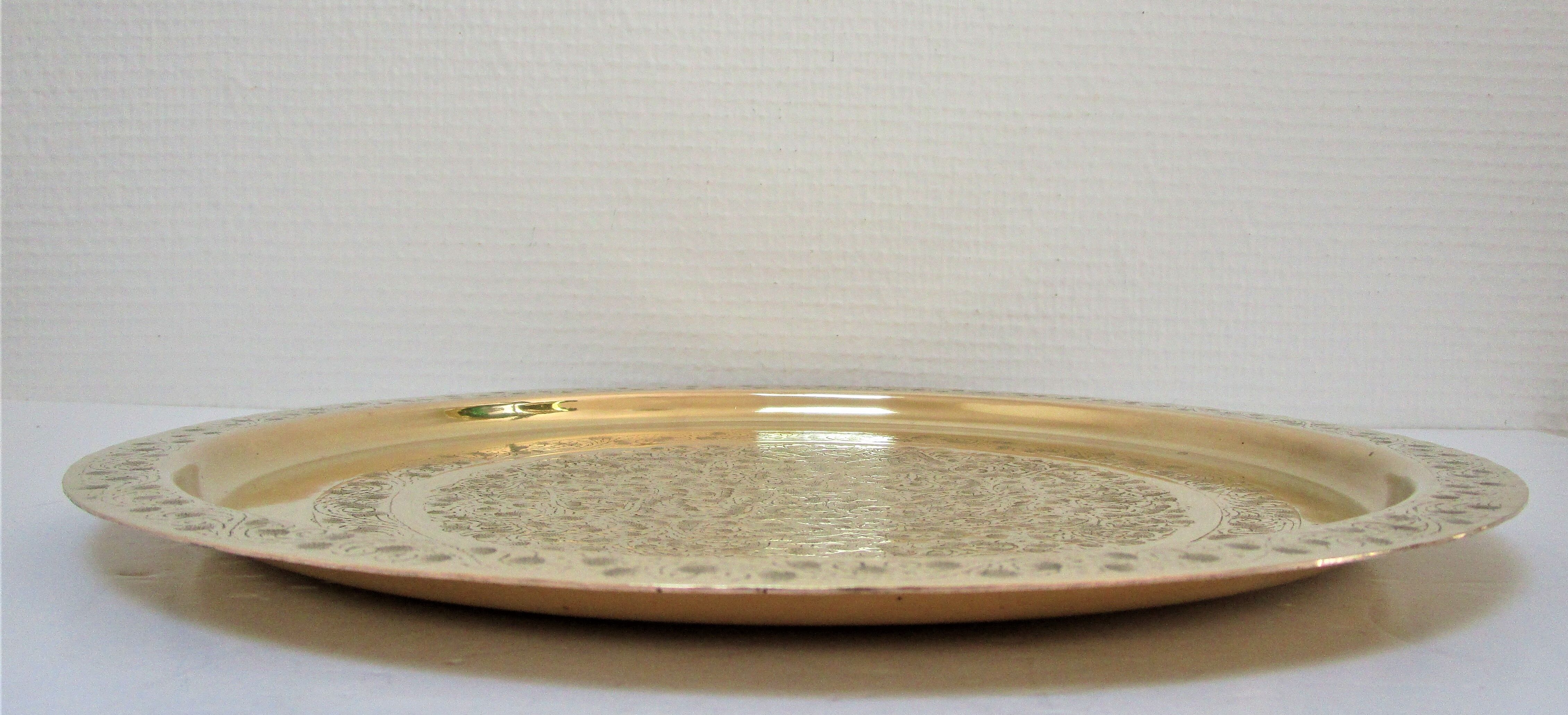 Oriental brass tray floral decoration signed