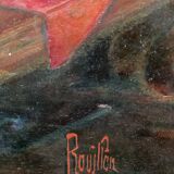 Tableau ancien nature morte signé, bouquet de roses en cruche Vallauris