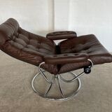 Vintage brown leather reclining lounge chair Ekornes Stressless & stool, 1960s