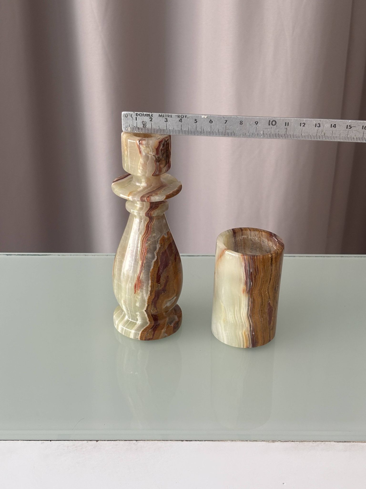 Vintage Hand-Carved Green Onyx Candlestick & Tea Light Holder Set