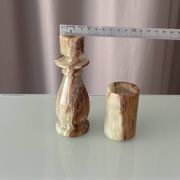 Vintage Hand-Carved Green Onyx Candlestick & Tea Light Holder Set