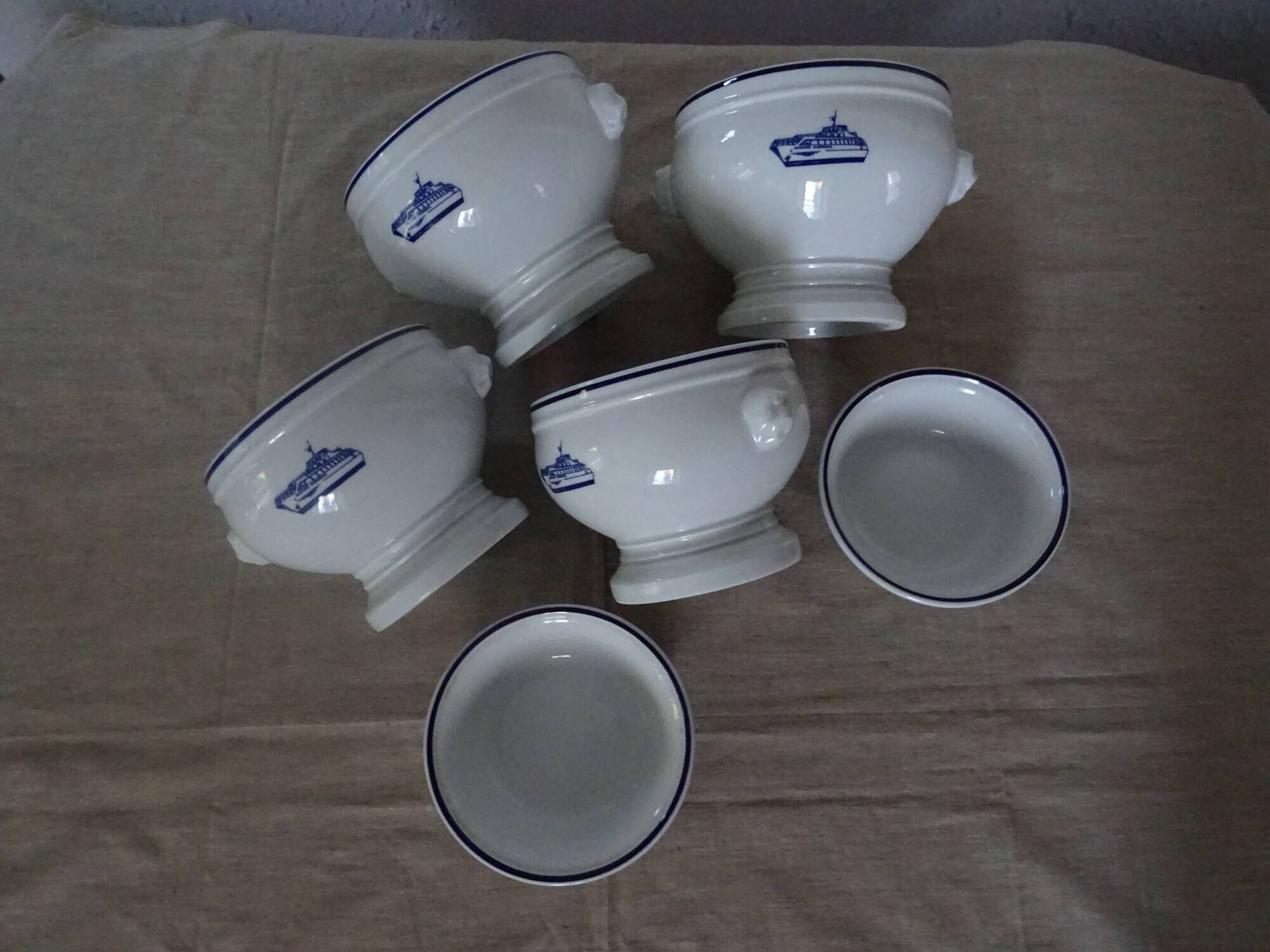 4 Large bowls salad bowls + 2 cups PILLIVUYT blue decoration boat G. CAOUDAL