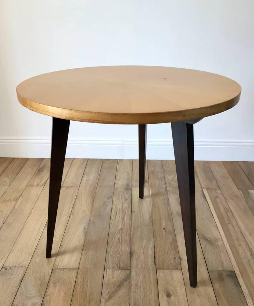 Tripod coffee table in wood and two-tone marquetry Scandinavian design 50s-60s