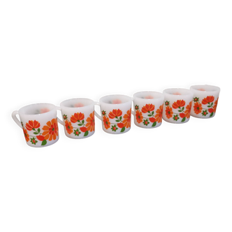 6 Arcopal France vintage orange and red flowers cups