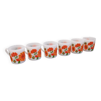 6 tasses vintage motifs fleurs oranges et rouges, Arcopal France