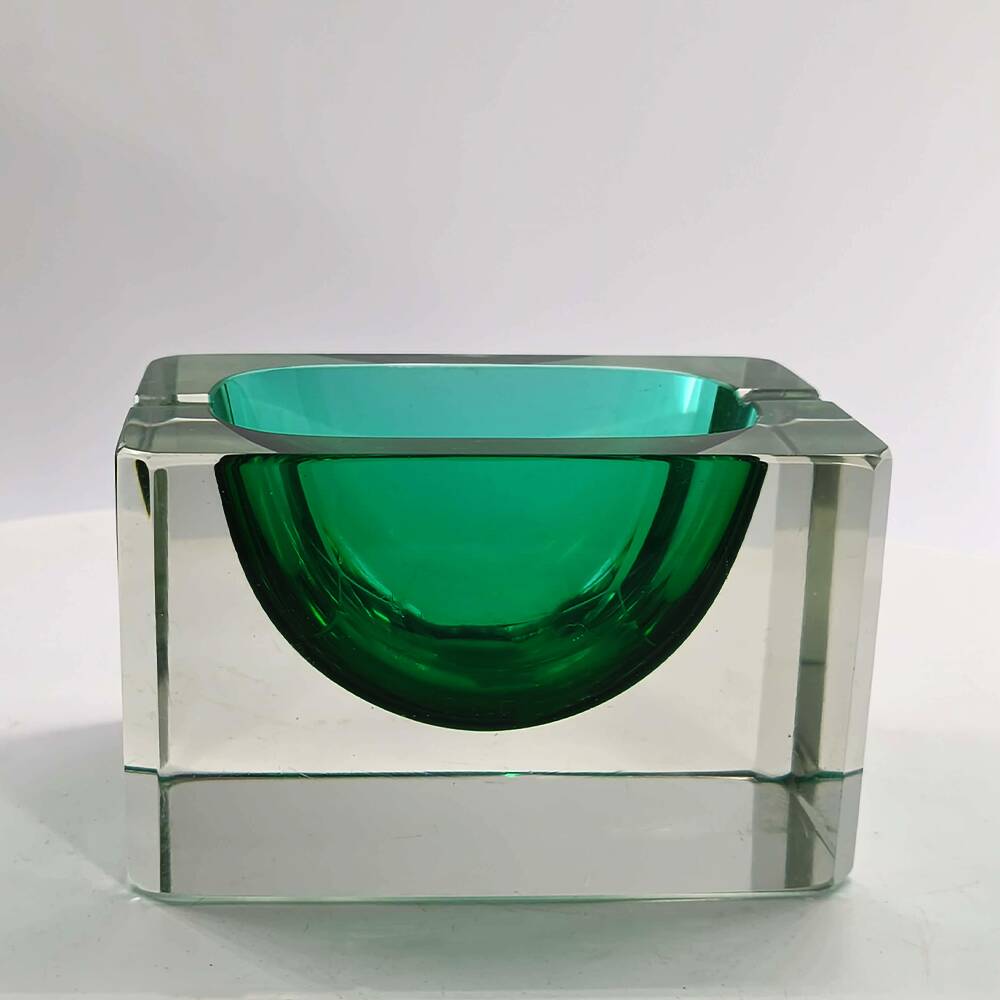 1960s Rare Rectangular Uranium Multifaceted Ashtray in Murano Glass