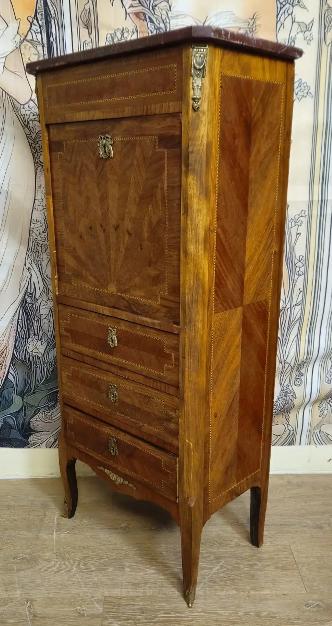 Antique marquetry secretary in Louis XV style – marble top