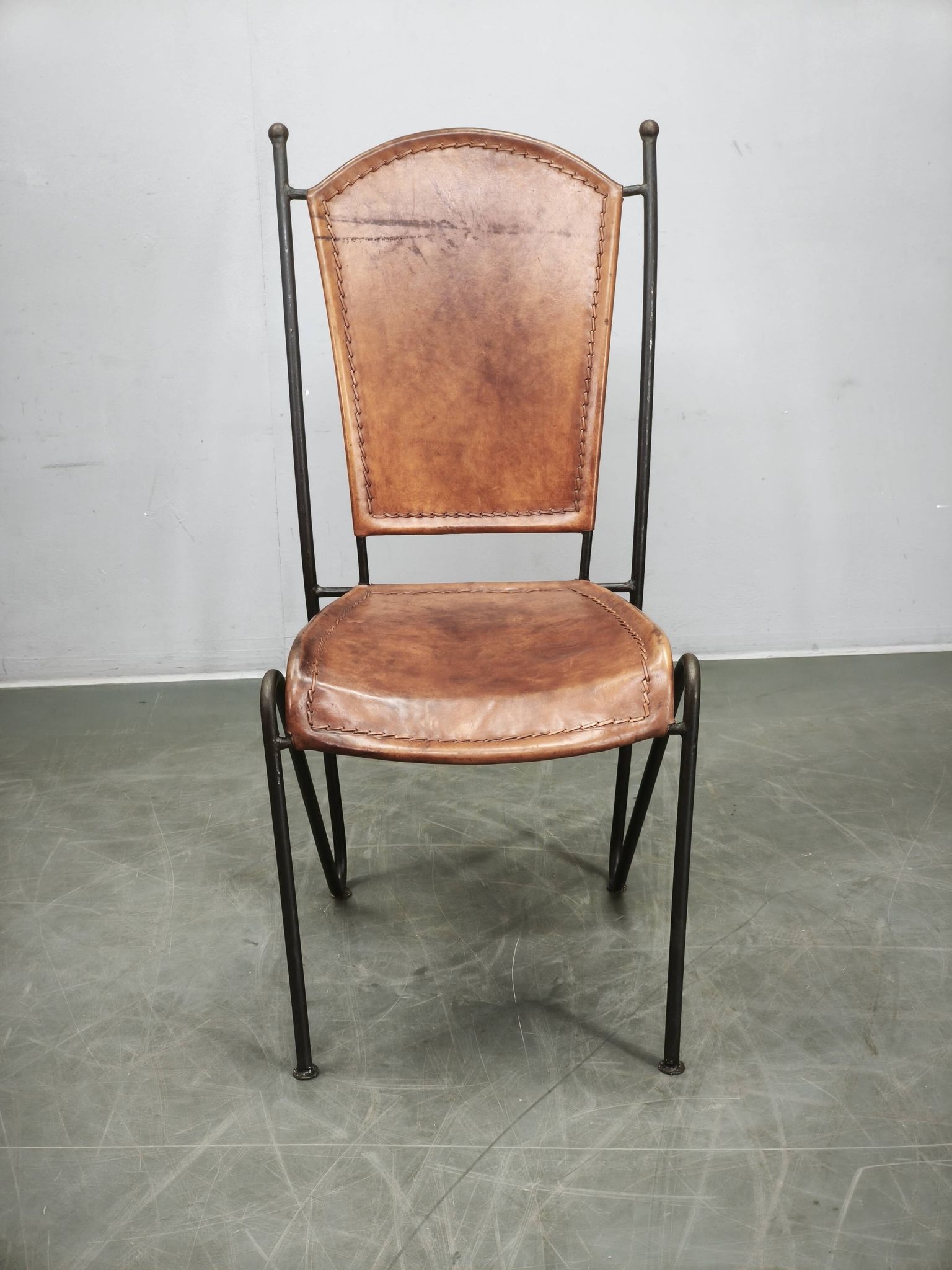 1990s European Brutalist Wrought Iron and Hand-Stitched Cognac Leather Dining Chair