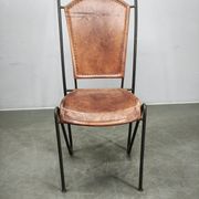 1990s European Brutalist Wrought Iron and Hand-Stitched Cognac Leather Dining Chair