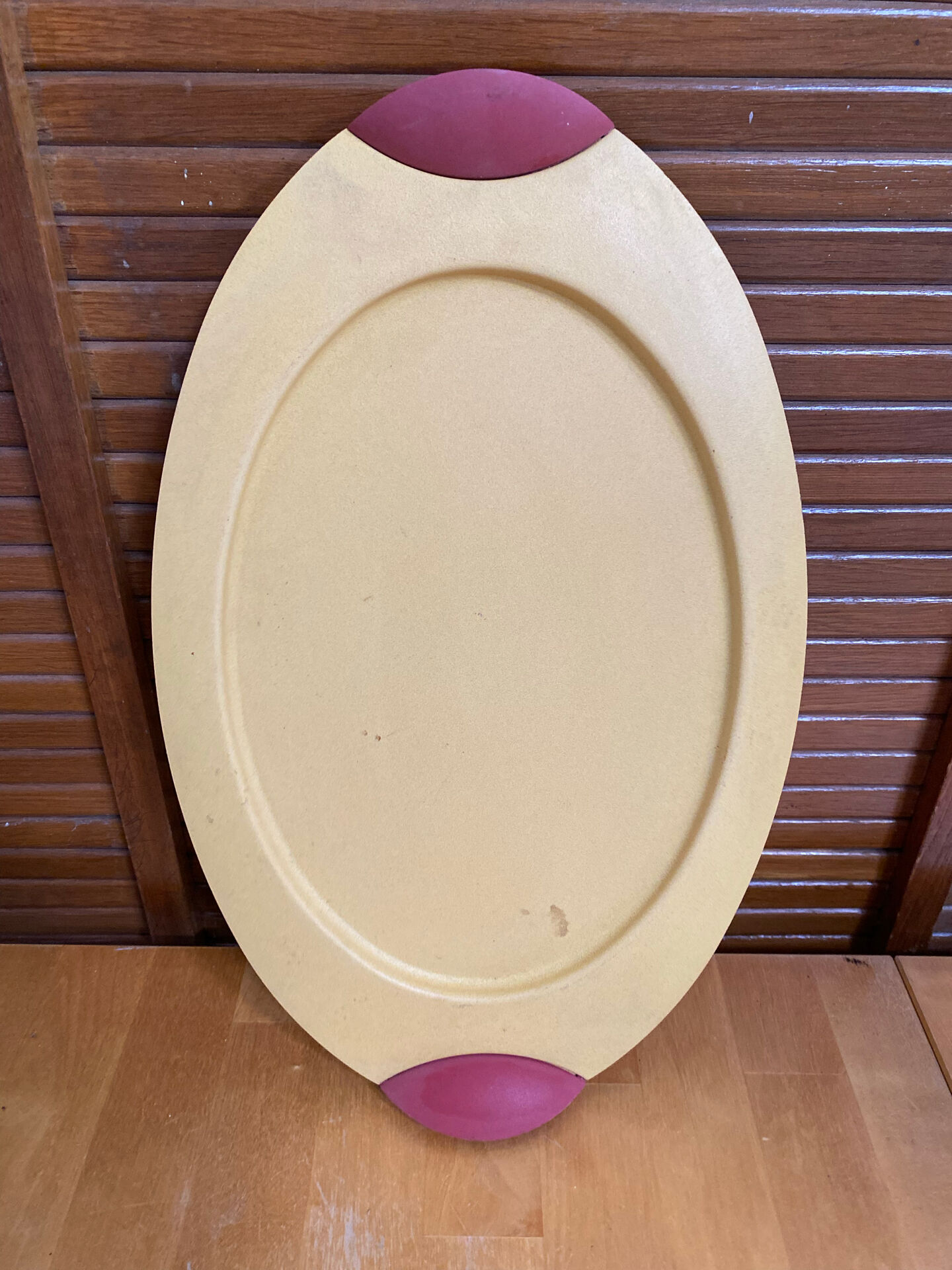Vintage Yellow Lacquered Metal Tray with Red Plastic Handles
