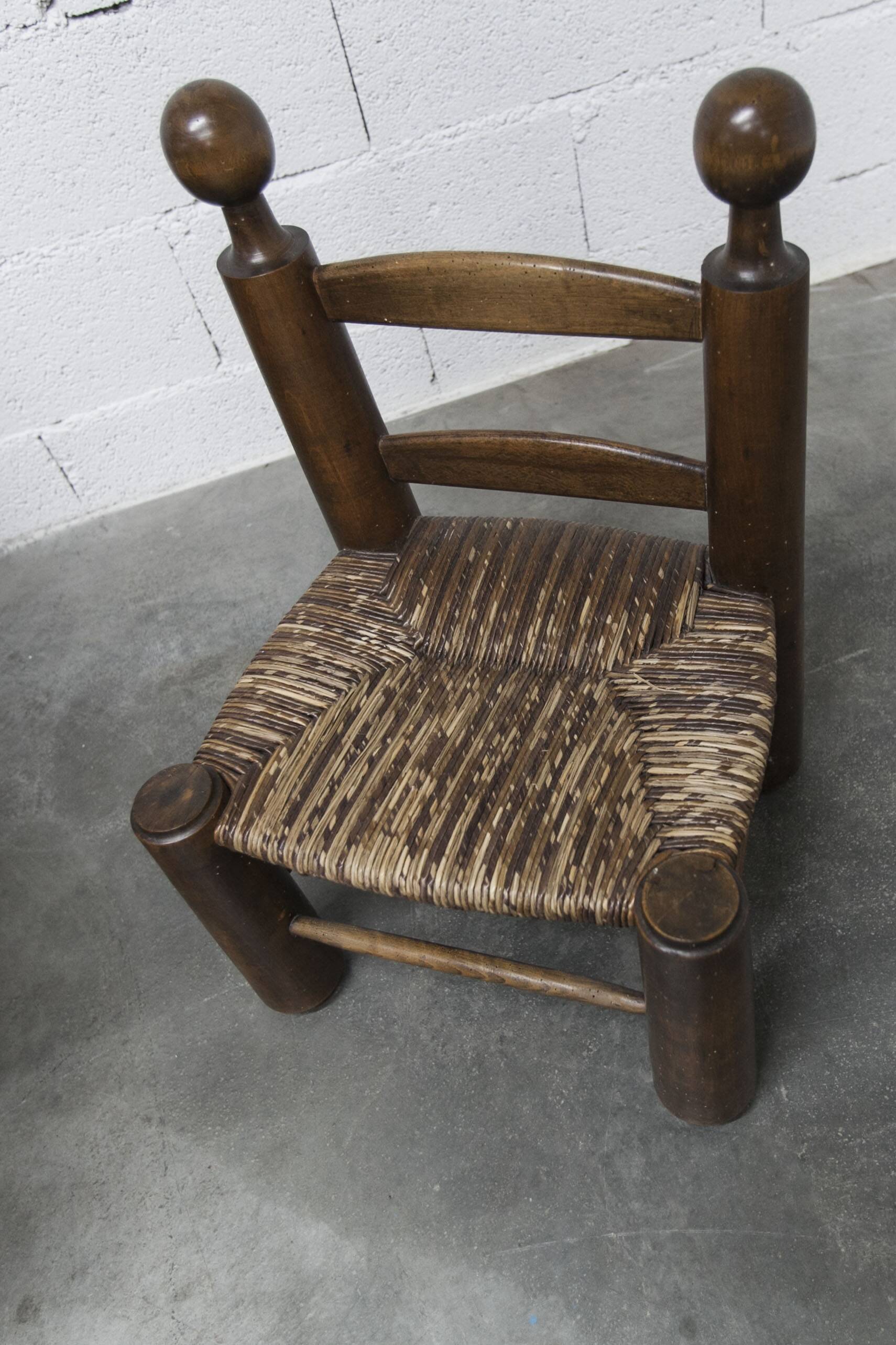 Brutalist children's chair by Charles Doudouyt 1960 oak and wicker