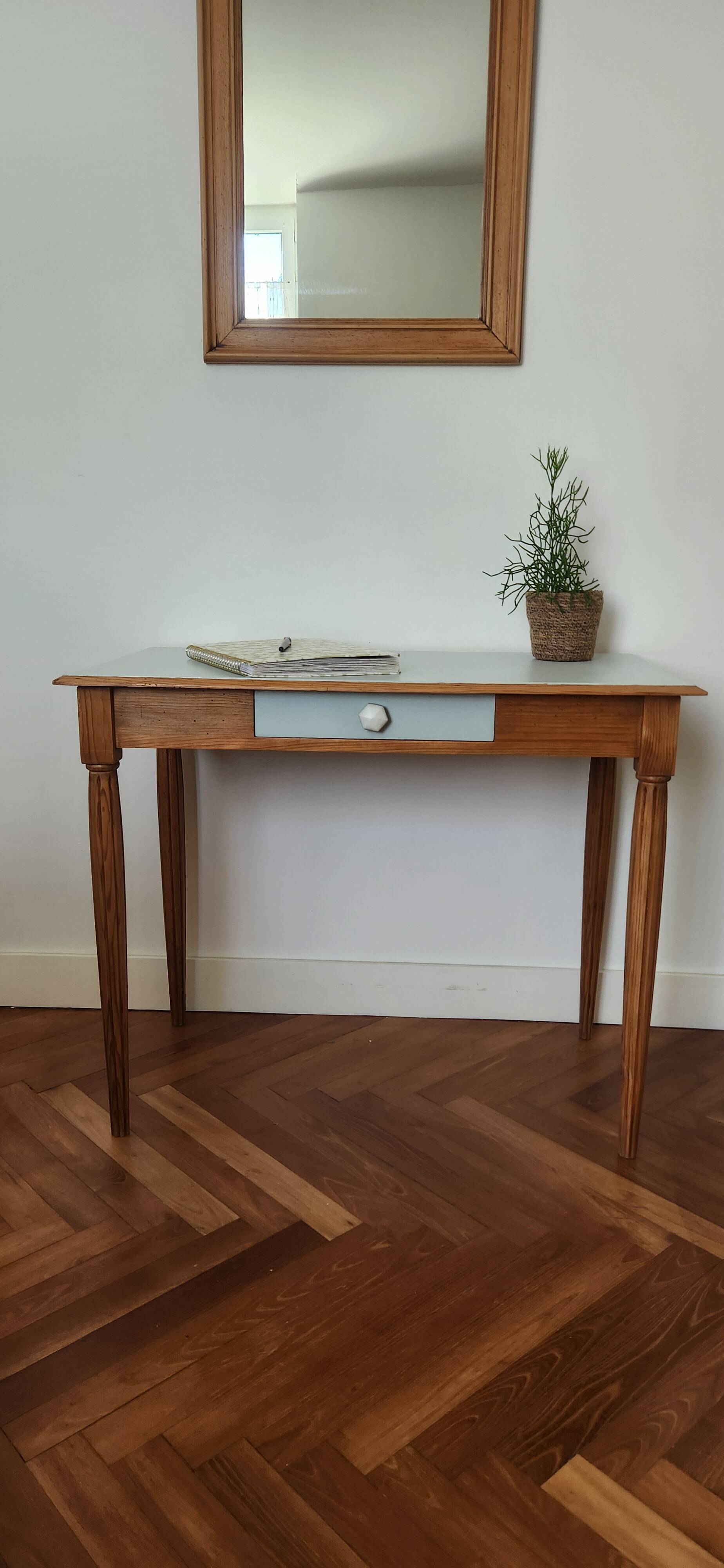 Small Blue Wooden Desk, Grooved Legs