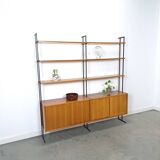 Modulair Omnia wandsysteem, Hilker, teak en zwart staal met legplanken