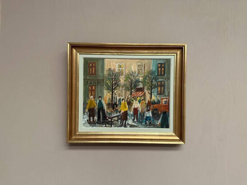 Original Swedish Oil on Canvas – “Market Scene” by Arne Wallsten – Signed