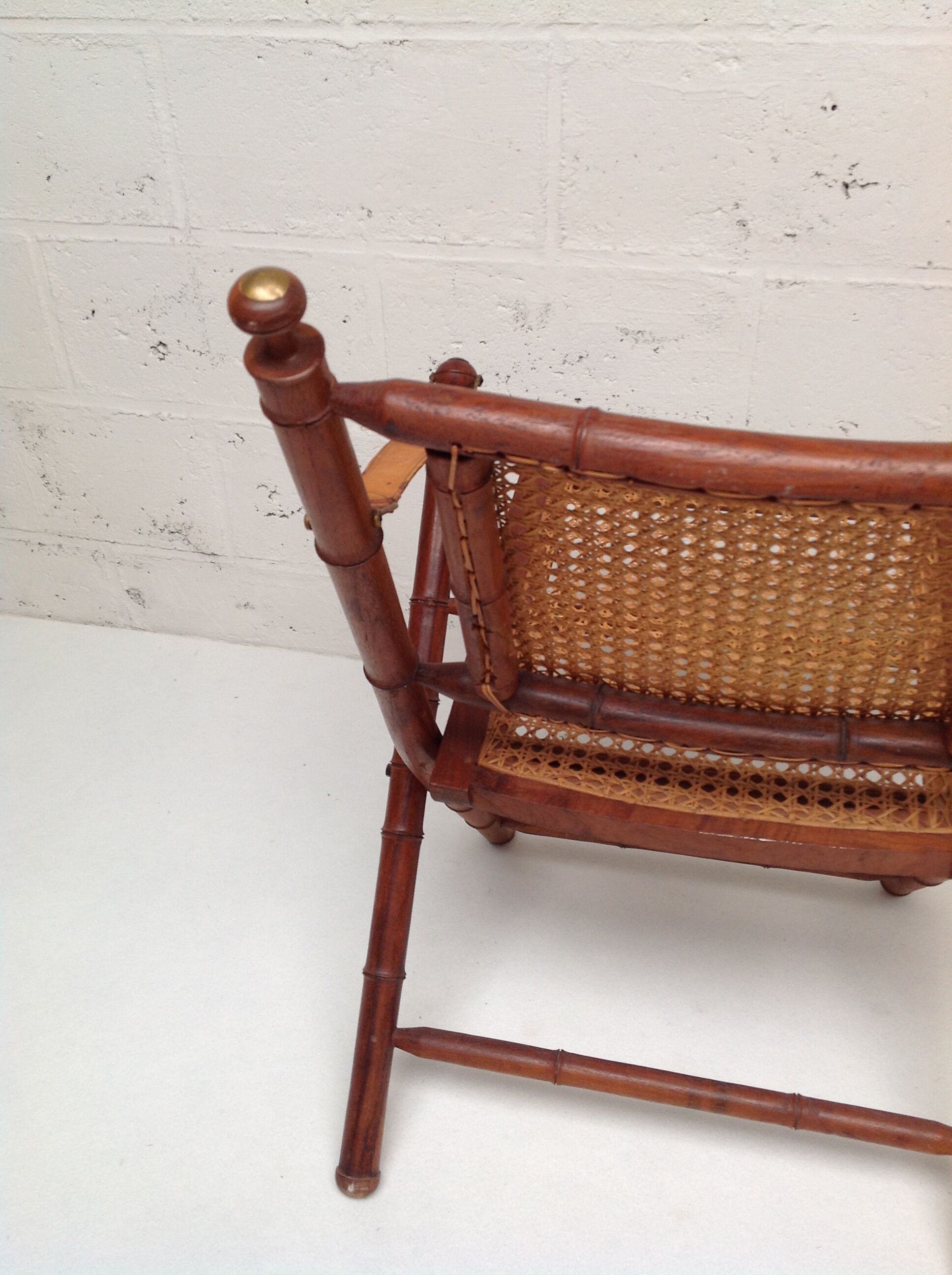 Bamboo folding chair and canning, leather and brass