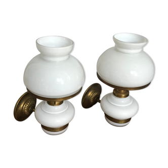 Pair of brass and opaline sconces