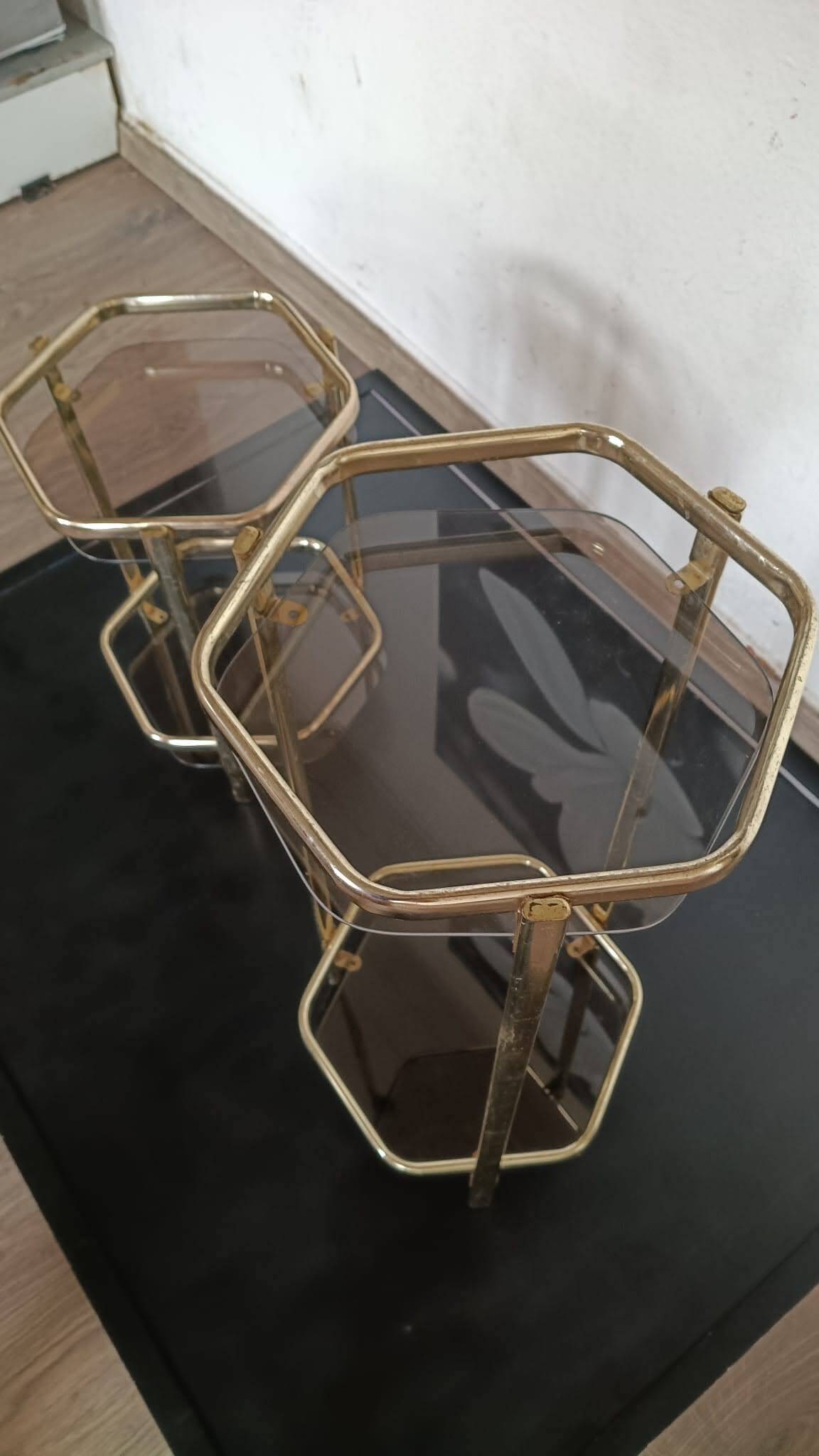 Pair of Stools / Hexagonal Side Tables – Brass & Smoked Glass – 70