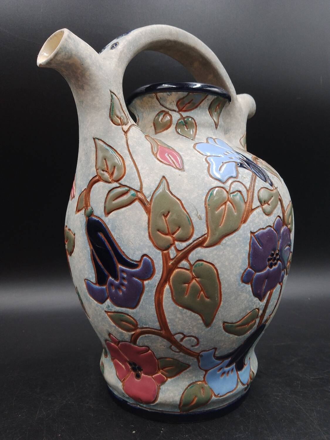 Art Deco Enameled Flower Ewer Vase Signed Amphora Czech Republic